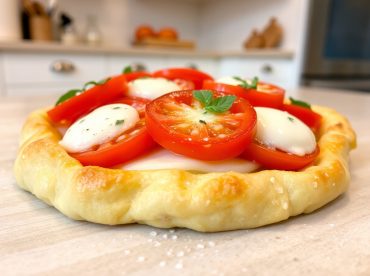 Leckerer Blätterteig mit frischen Tomaten und cremigem Mozzarella, zubereitet im Airfryer.