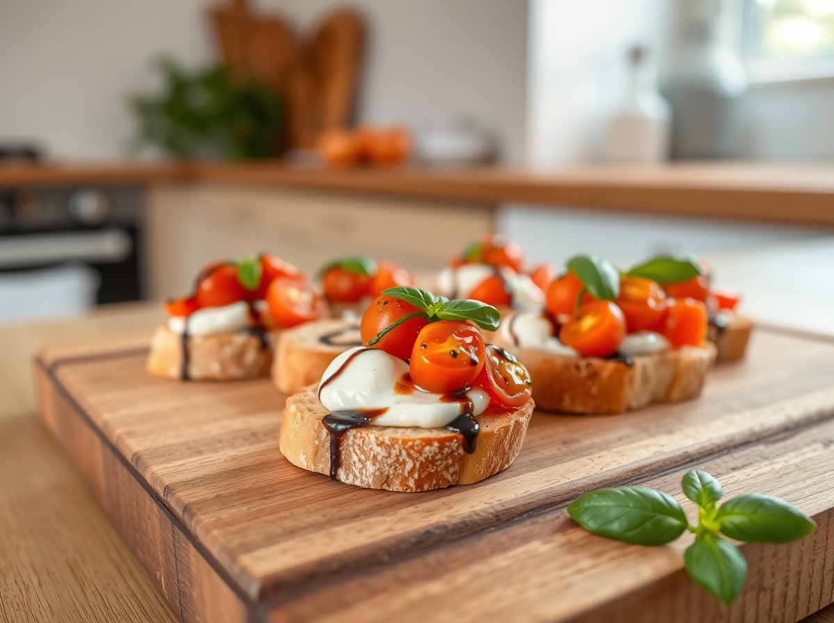 Leckere Burrata-Crostini, perfekt zubereitet im Airfryer für einen knusprigen Genuss.
