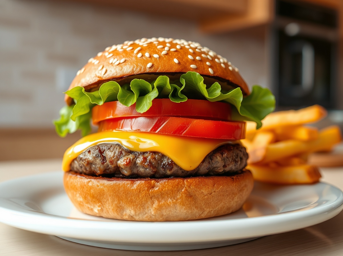 Leckerer Hamburger, knusprig zubereitet im Airfryer für perfekte Grillresultate.