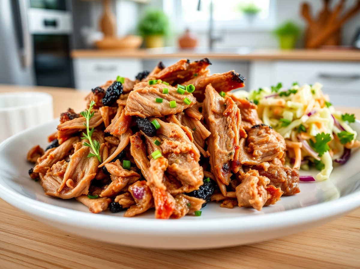 Zartes Pulled Pork, perfekt zubereitet im Airfryer, steckt voller Geschmack.