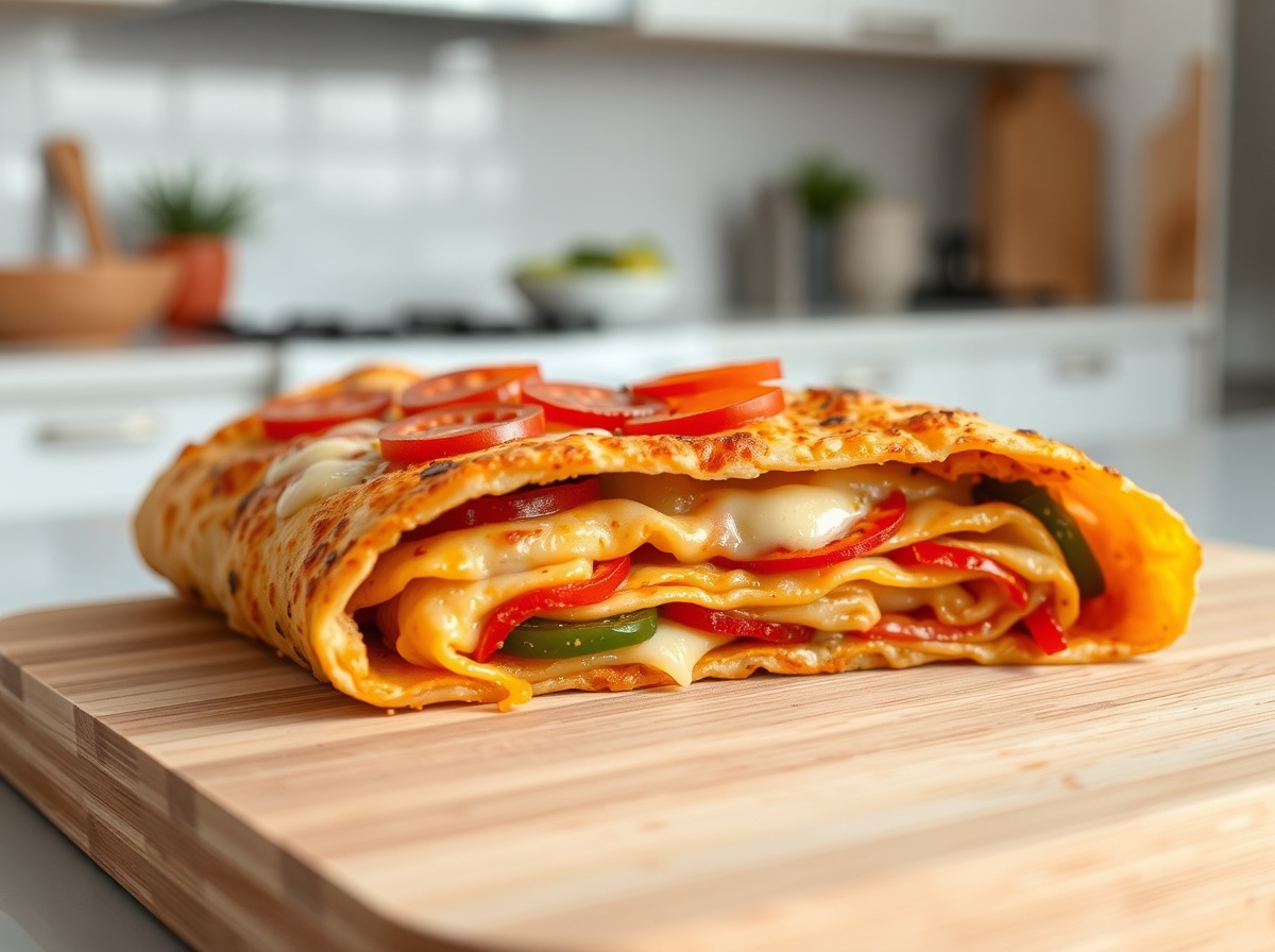 Leckere Wrap-Pizza, perfekt zubereitet im Airfryer mit frischem Gemüse und zartem Käse.