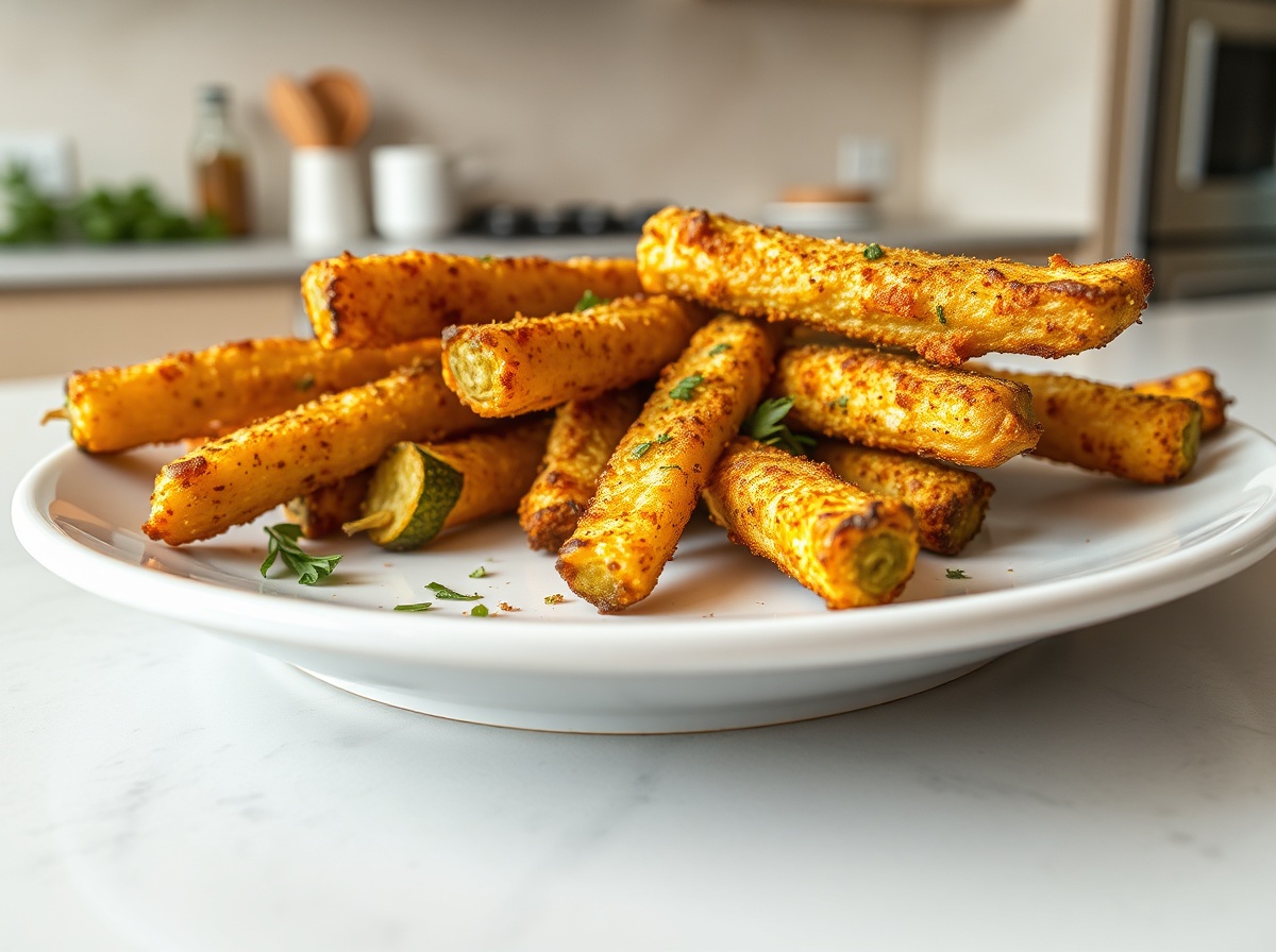 Leckere Zucchini, knusprig zubereitet in der Heißluftfritteuse, perfekt für eine gesunde Mahlzeit.