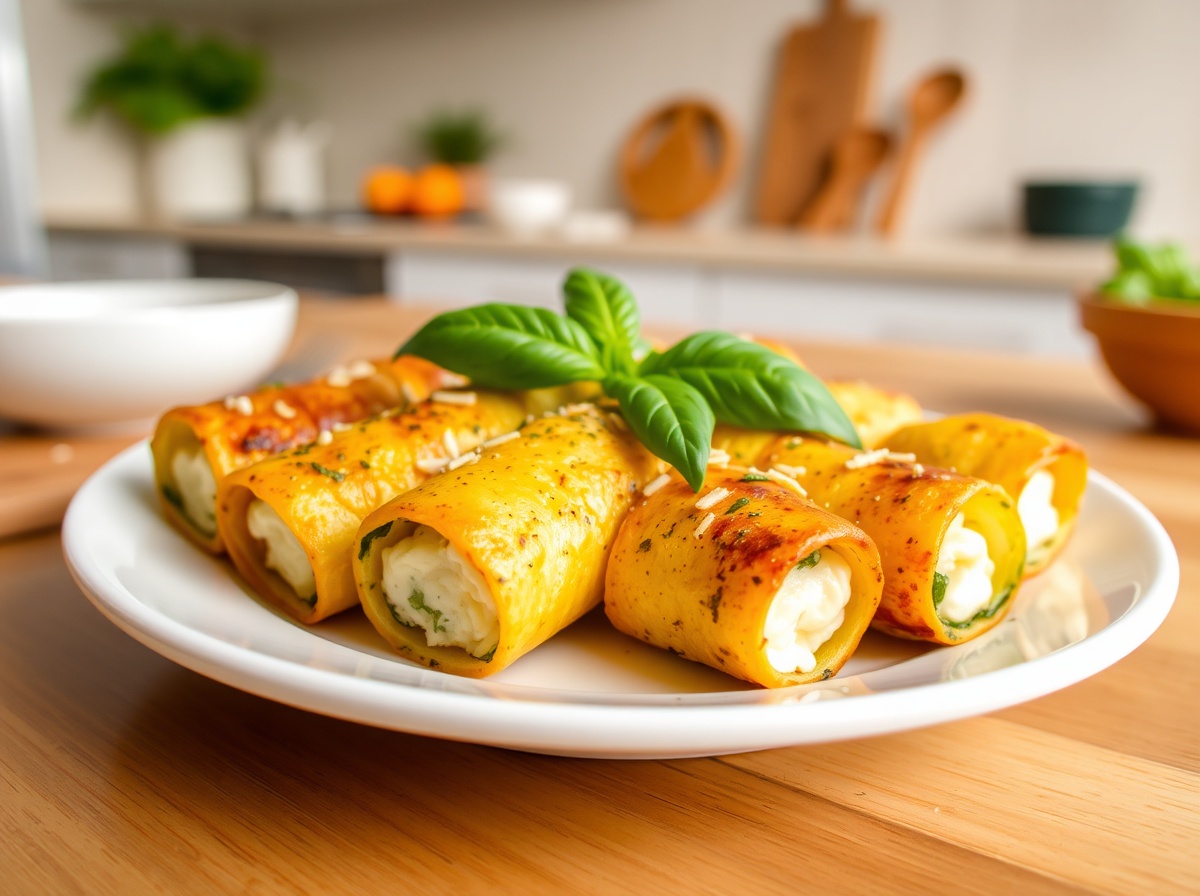 Leckere Zucchiniröllchen gefüllt mit frischen Zutaten, perfekt zubereitet im Airfryer.