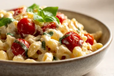 Leckere Baked Feta Pasta, die im Airfryer zubereitet wurde – perfekt cremig und aromatisch.