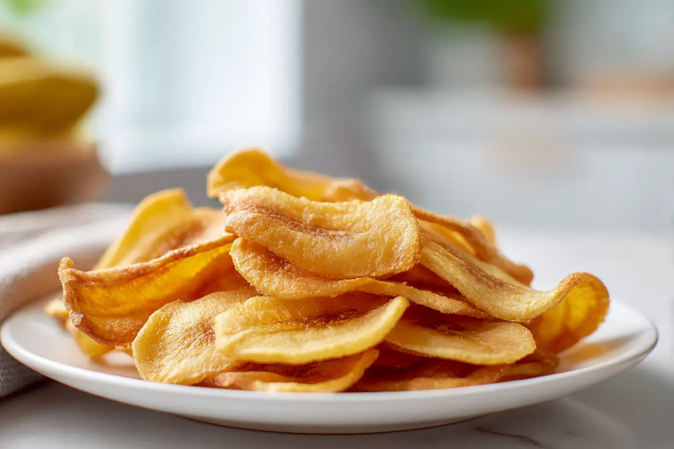 Crispy Bananenchips, perfekt zubereitet in der Heißluftfritteuse für gesunde Snacks.
