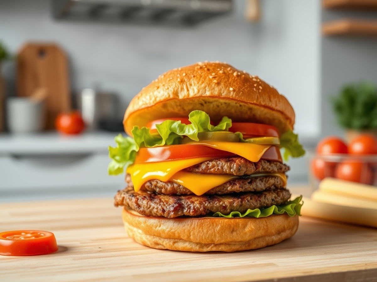 Saftiger Burger mit knuspriger Kruste, perfekt zubereitet im Airfryer für ein gesundes Geschmackserlebnis.
