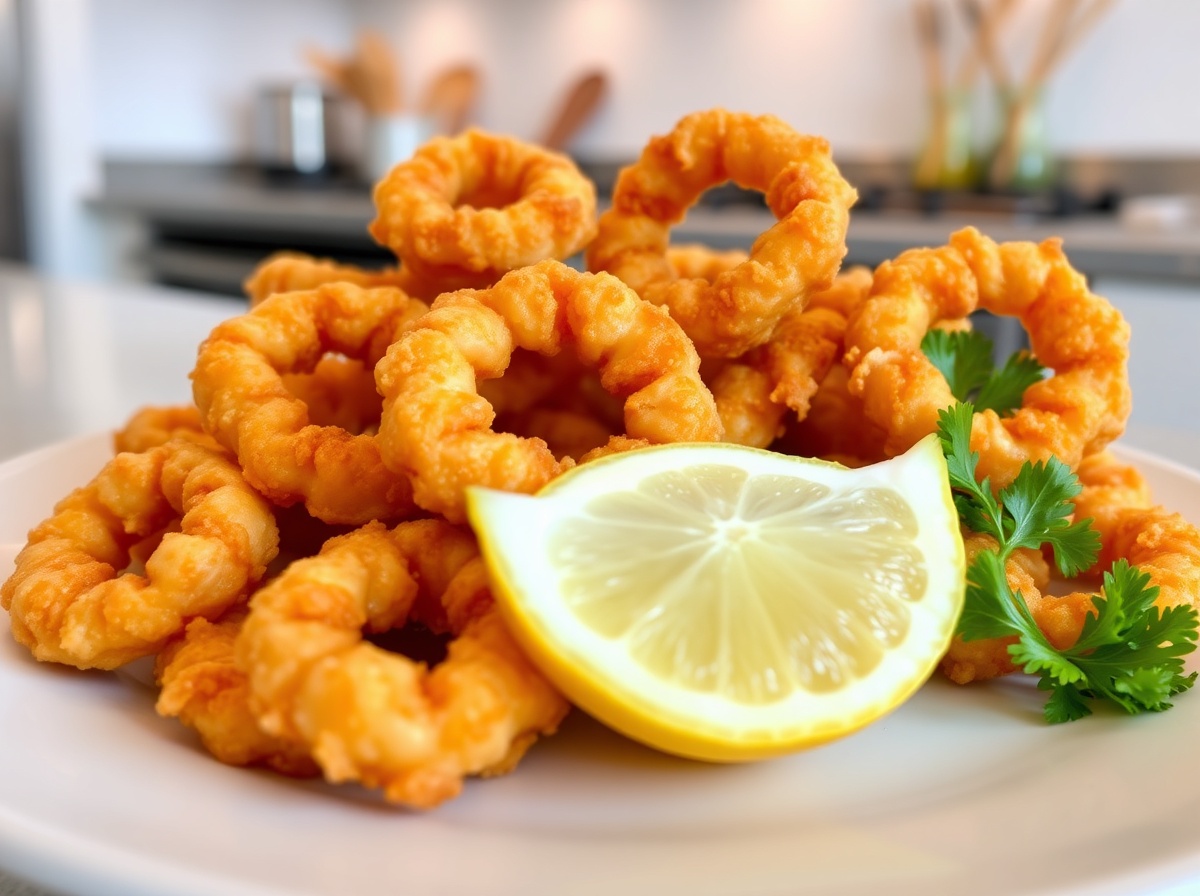 Köstliche Calamari-Ringe, knusprig zubereitet im Airfryer für einen perfekten Snack.