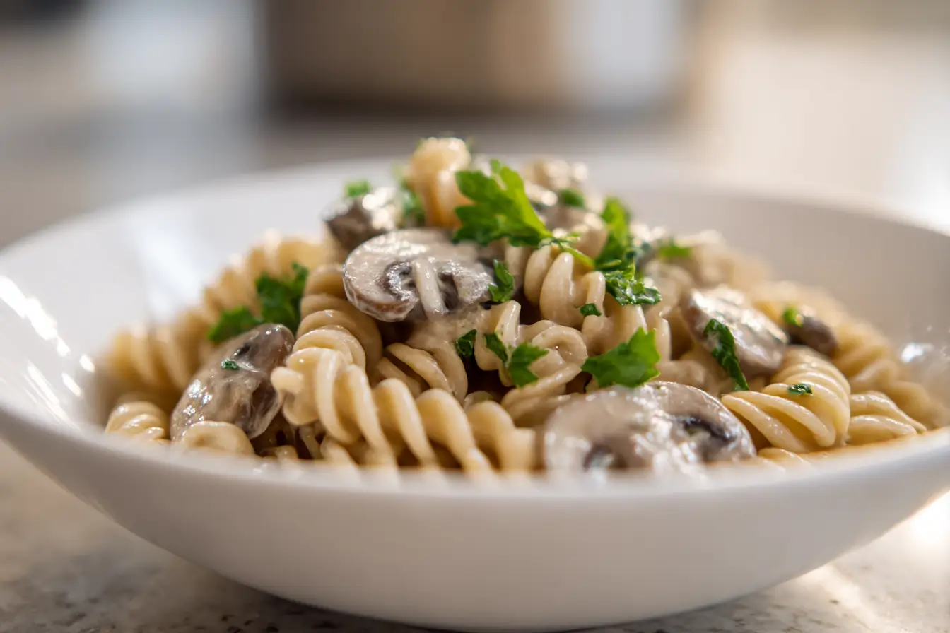 Leckere Champignon-Pasta, die schnell und einfach im Airfryer zubereitet wird.