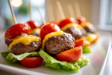 Leckere Cheeseburger Spieße mit saftigem Fleisch und frischem Gemüse, perfekt für den Airfryer.