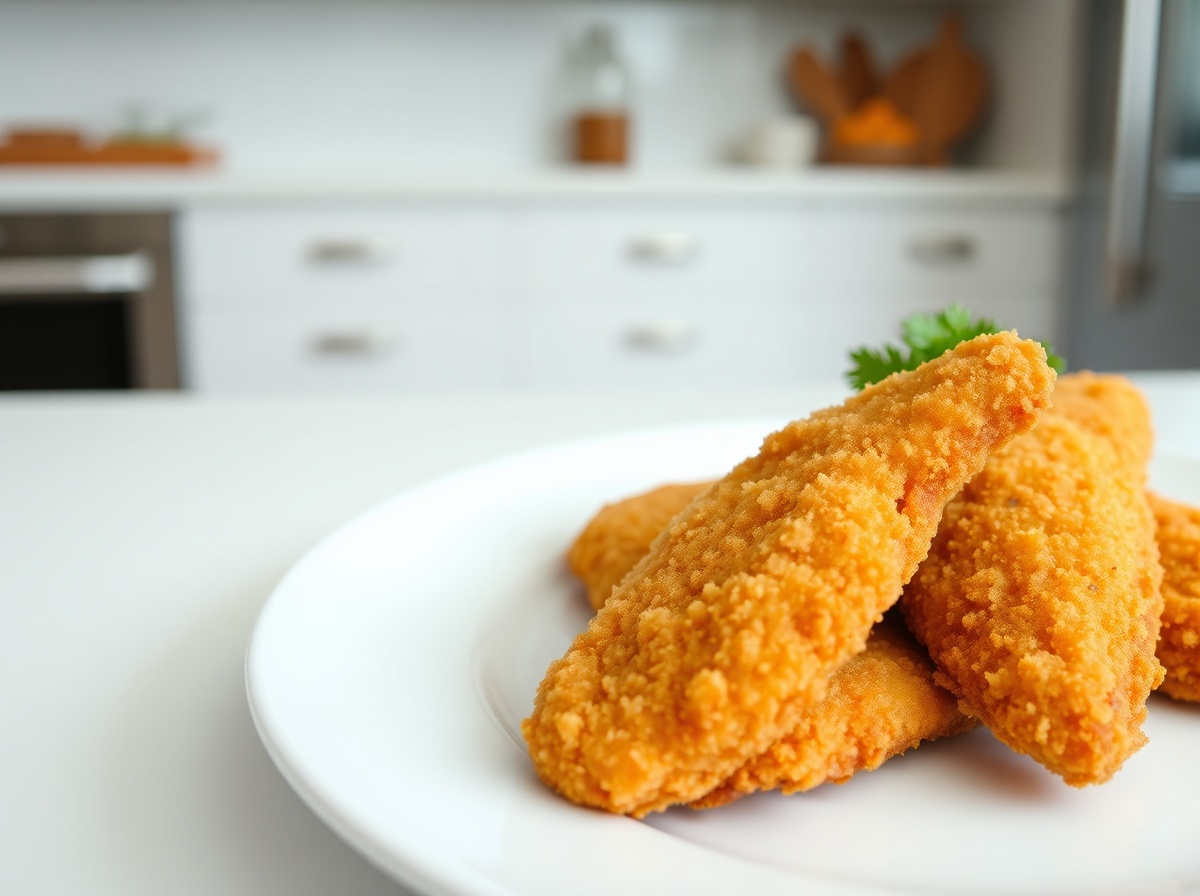 Leckere Chicken Tenders, goldbraun und knusprig, perfekt zubereitet im Airfryer.