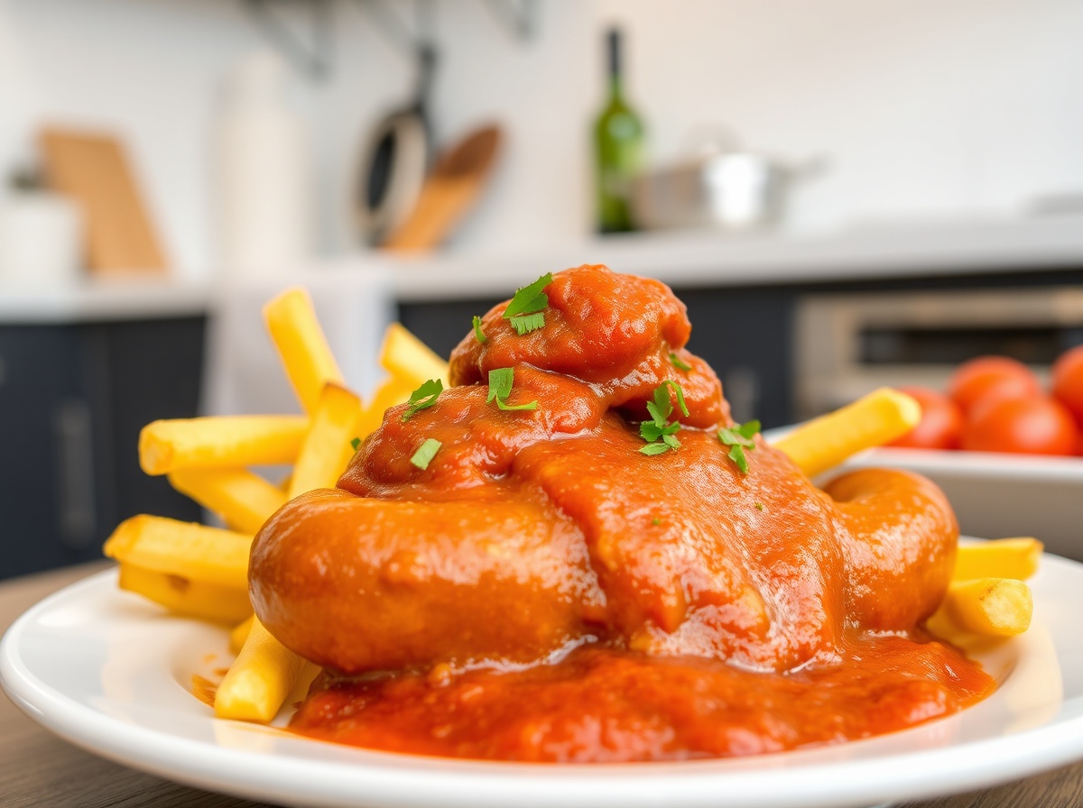 Leckere Currywurst mit knusprigen Pommes, perfekt zubereitet im Airfryer.