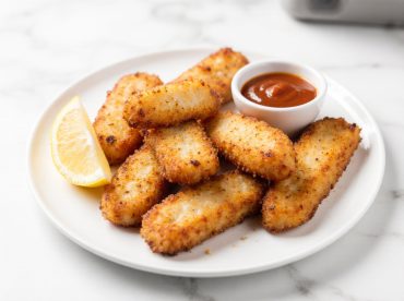Leckere Fischstäbchen, goldbraun und knusprig, zubereitet im Airfryer.