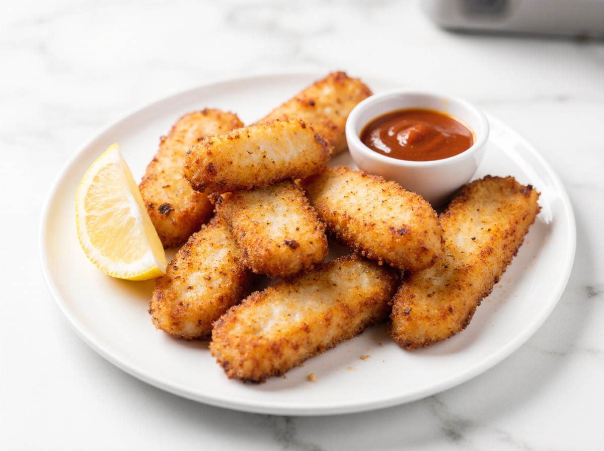Leckere Fischstäbchen, goldbraun und knusprig, zubereitet im Airfryer.
