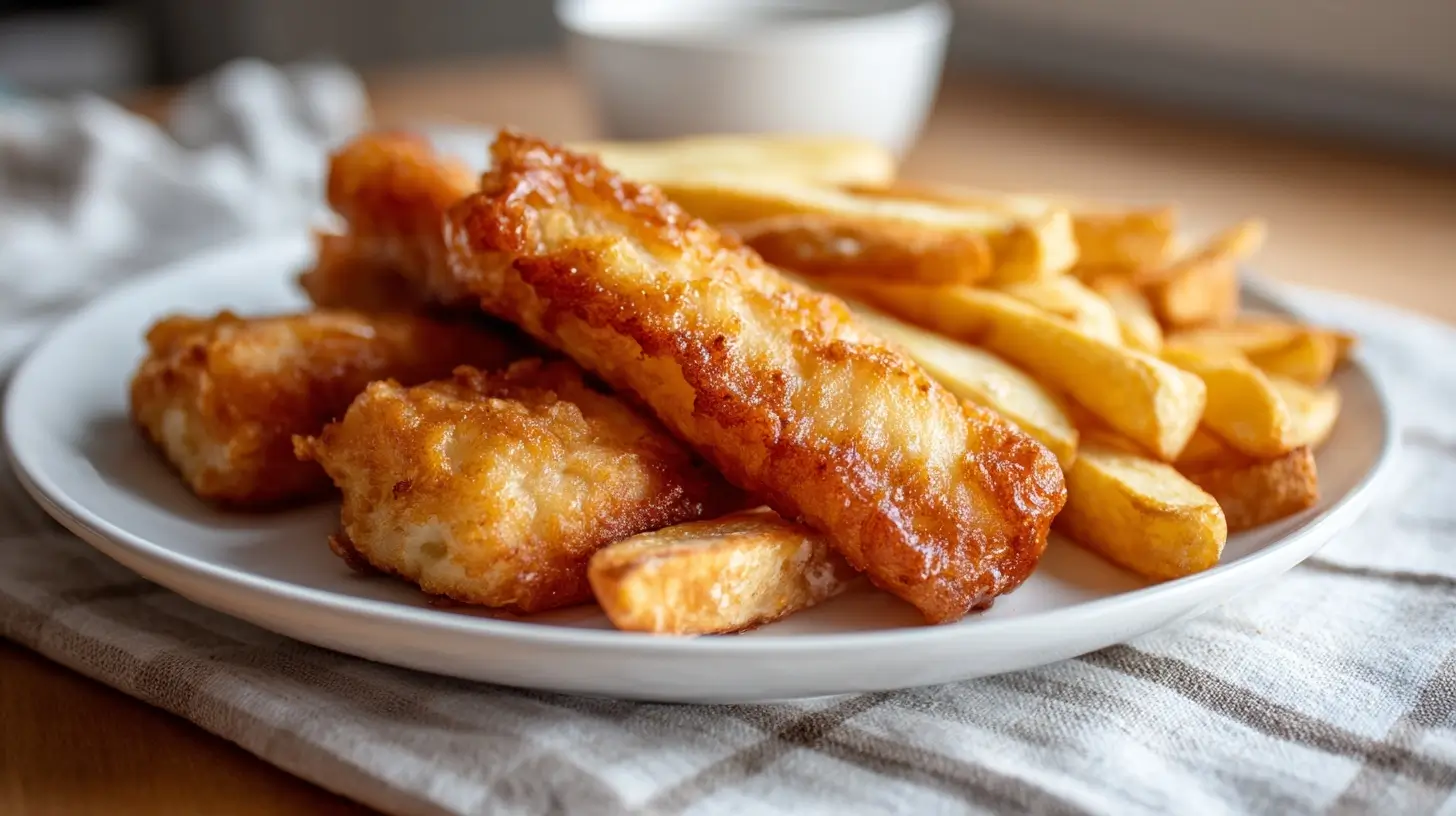 Knusprige Fish And Chips, perfekt zubereitet in der Heißluftfritteuse.