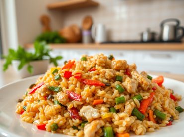 Lecker gebratener Reis im Airfryer mit frischem Gemüse und aromatischen Gewürzen.