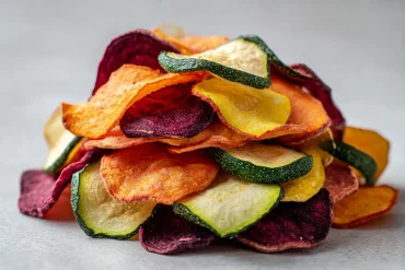 Knusprige Gemüsechips, perfekt zubereitet im Airfryer für den gesunden Snackgenuss.