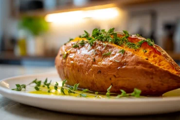 Köstliche gepofte Süßkartoffel im Airfryer, perfekt knusprig und würzig.