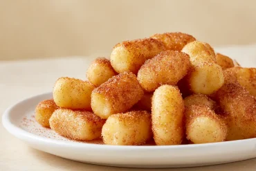Leckere Gnocchi mit Zimt und Zucker, perfekt zubereitet im Airfryer für ein schnelles Dessert.