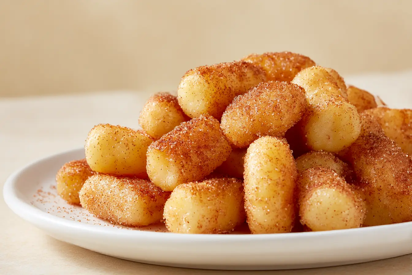 Leckere Gnocchi mit Zimt und Zucker, perfekt zubereitet im Airfryer für ein schnelles Dessert.
