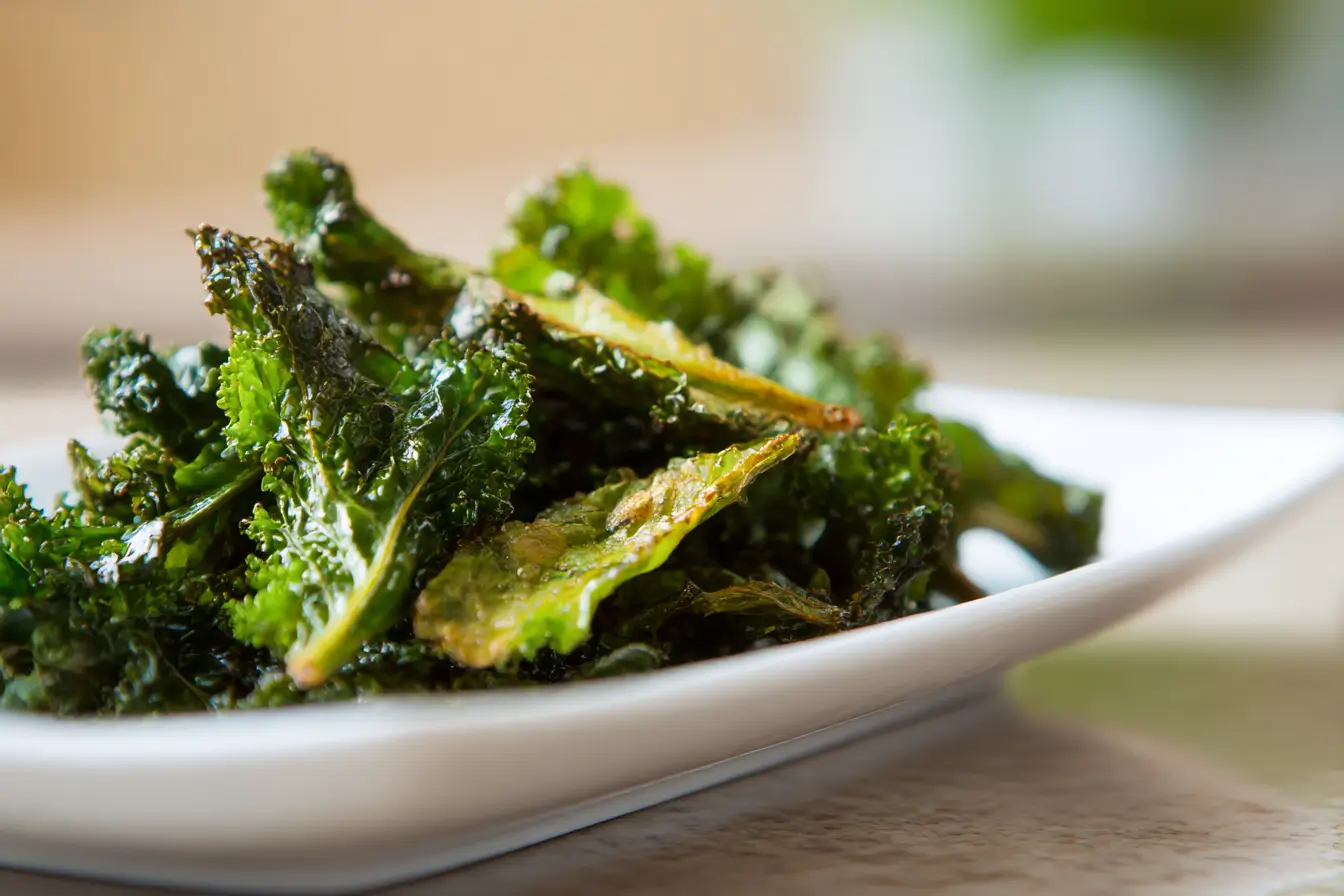 Knusprige Grünkohlchips aus dem Airfryer, perfekt für einen gesunden Snack.