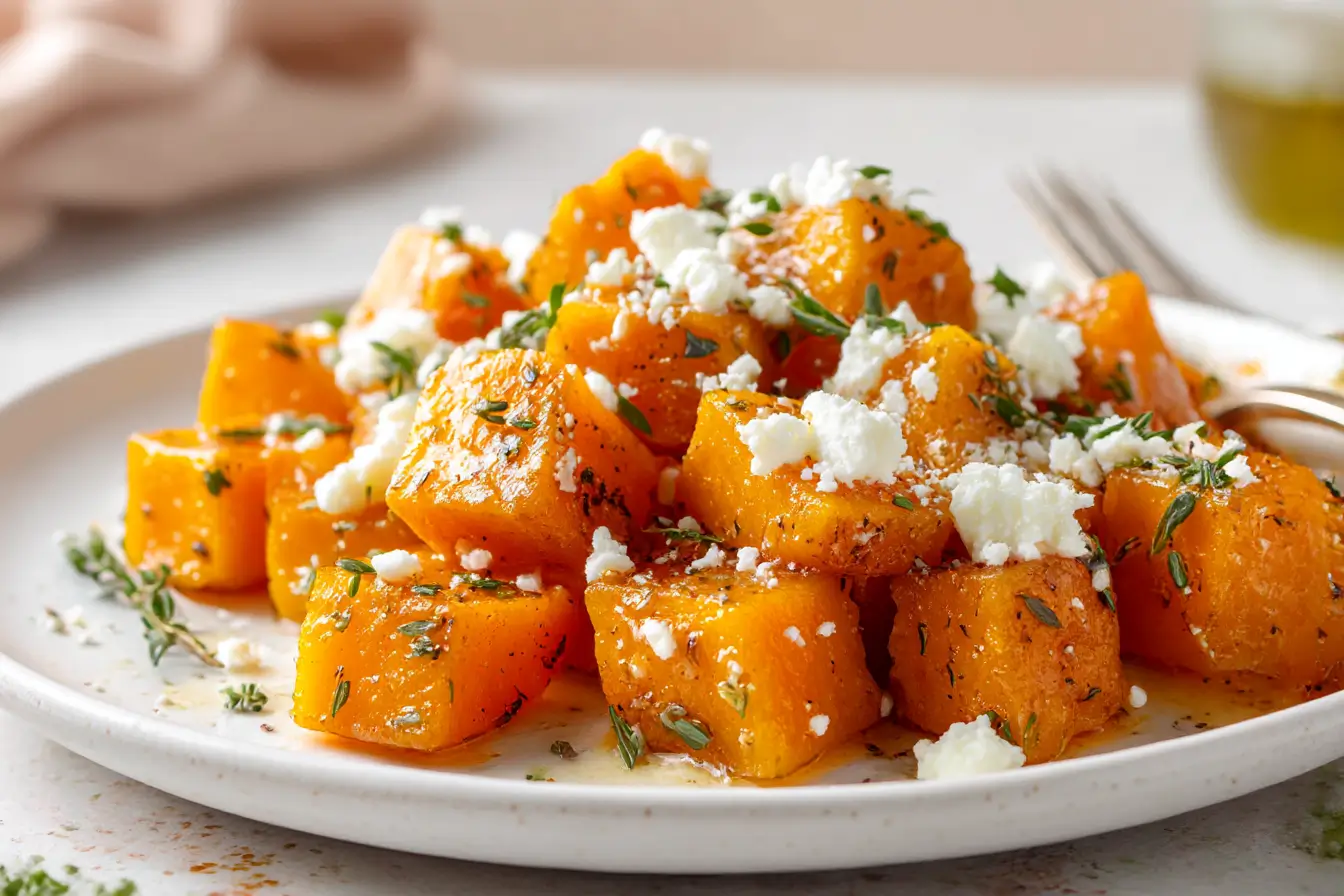 Herzhafter Kürbis mit Feta, perfekt zubereitet im Airfryer für ein schnelles und schmackhaftes Gericht.