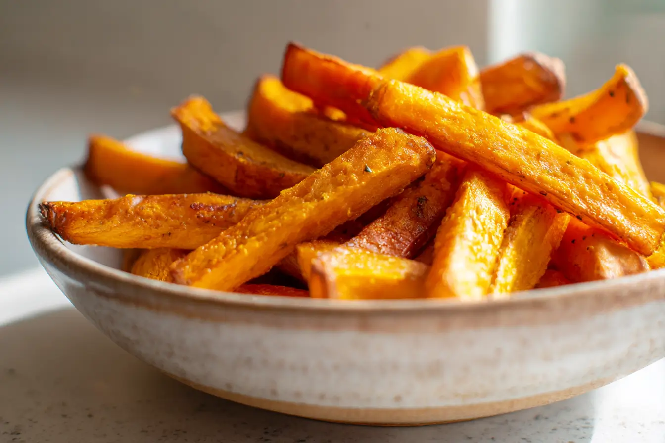 Knusprige Kürbispommes im Airfryer, perfekt gewürzt für einen herzhaften Snack.