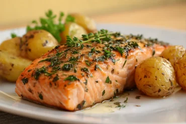 Zartes Lachsfilet mit goldbraun gebratenen Kartoffeln, perfekt zubereitet im Airfryer.