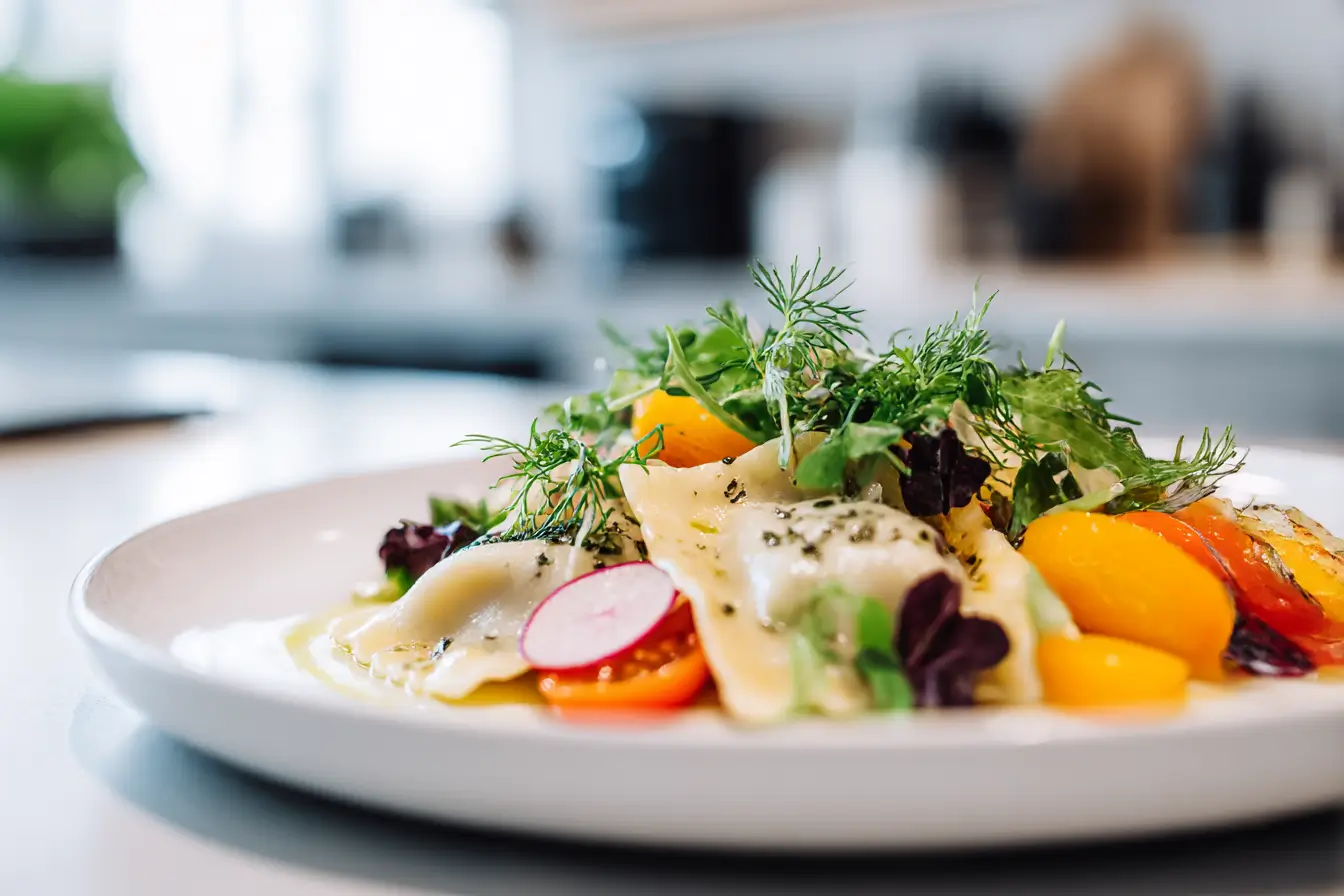 Leckerer Maultaschensalat, zubereitet im Airfryer und perfekt gewürzt.