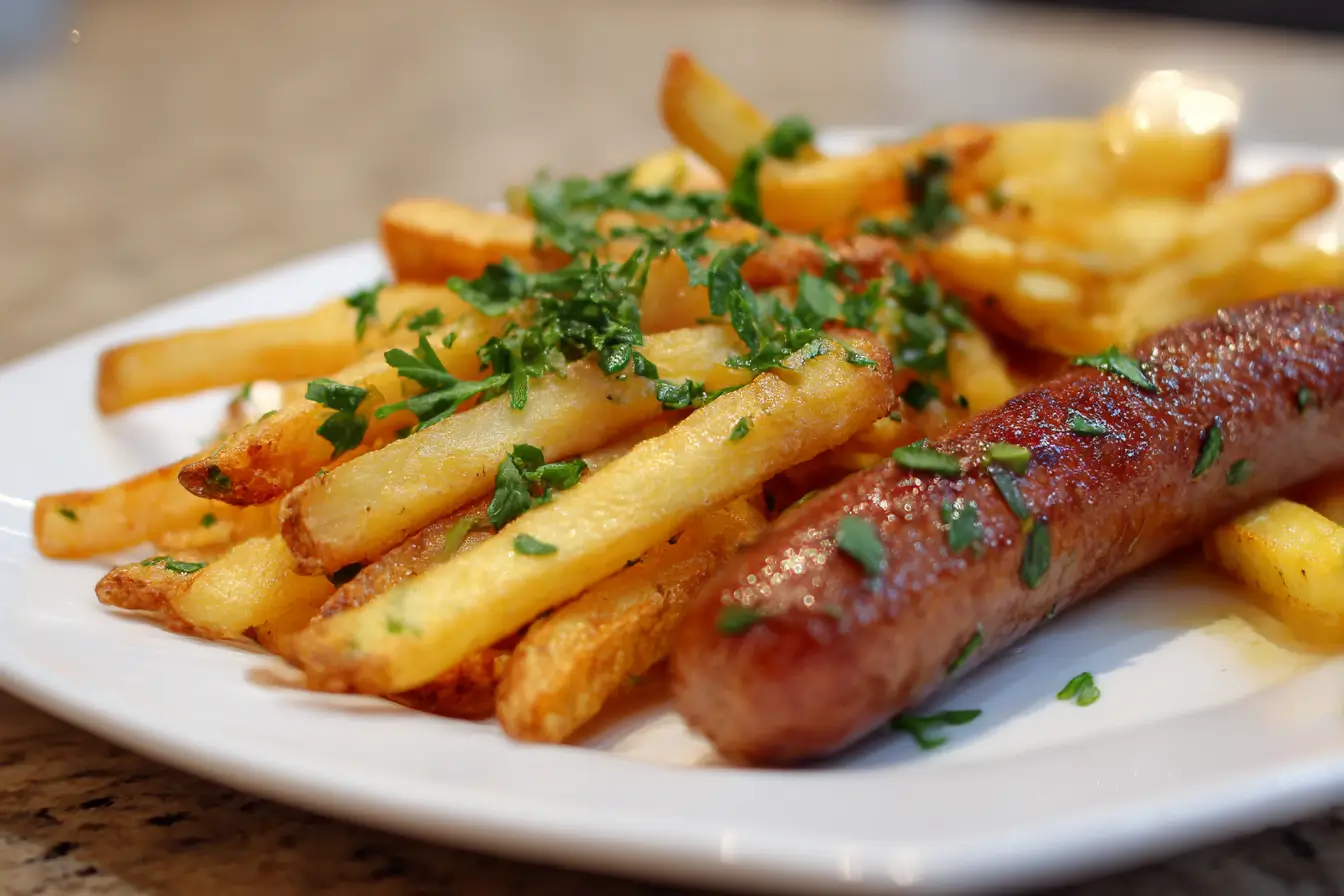 Leckere Pommes mit Bratwurst, perfekt zubereitet in der Heißluftfritteuse für ein gesundes Fast-Food-Erlebnis.
