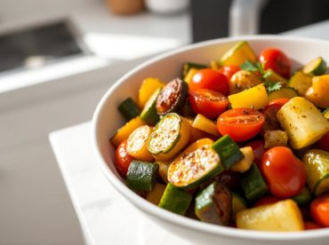 Bunte spanische Gemüsepfanne mit frischem Gemüse, perfekt zubereitet im Airfryer.