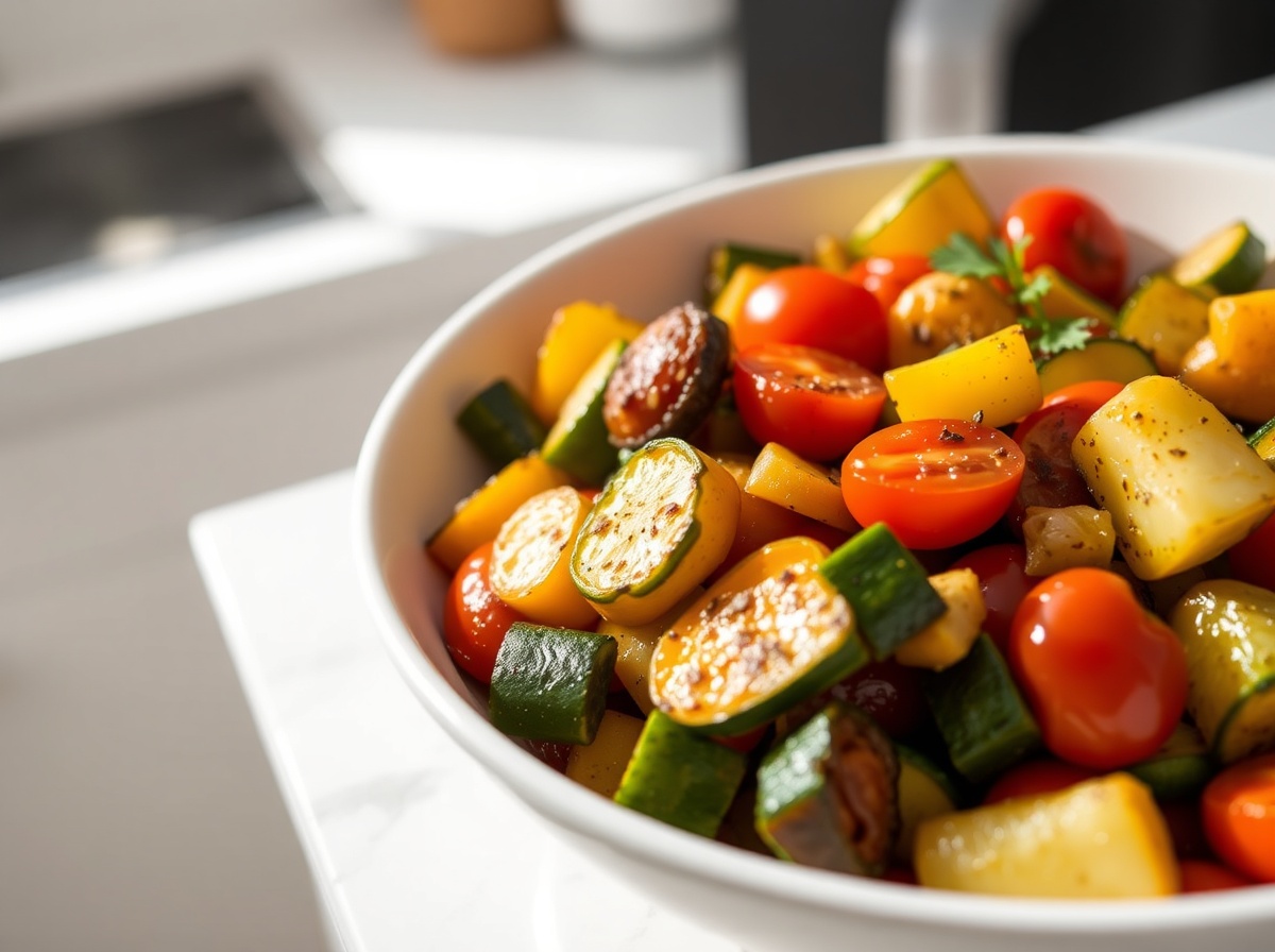 Bunte spanische Gemüsepfanne mit frischem Gemüse, perfekt zubereitet im Airfryer.