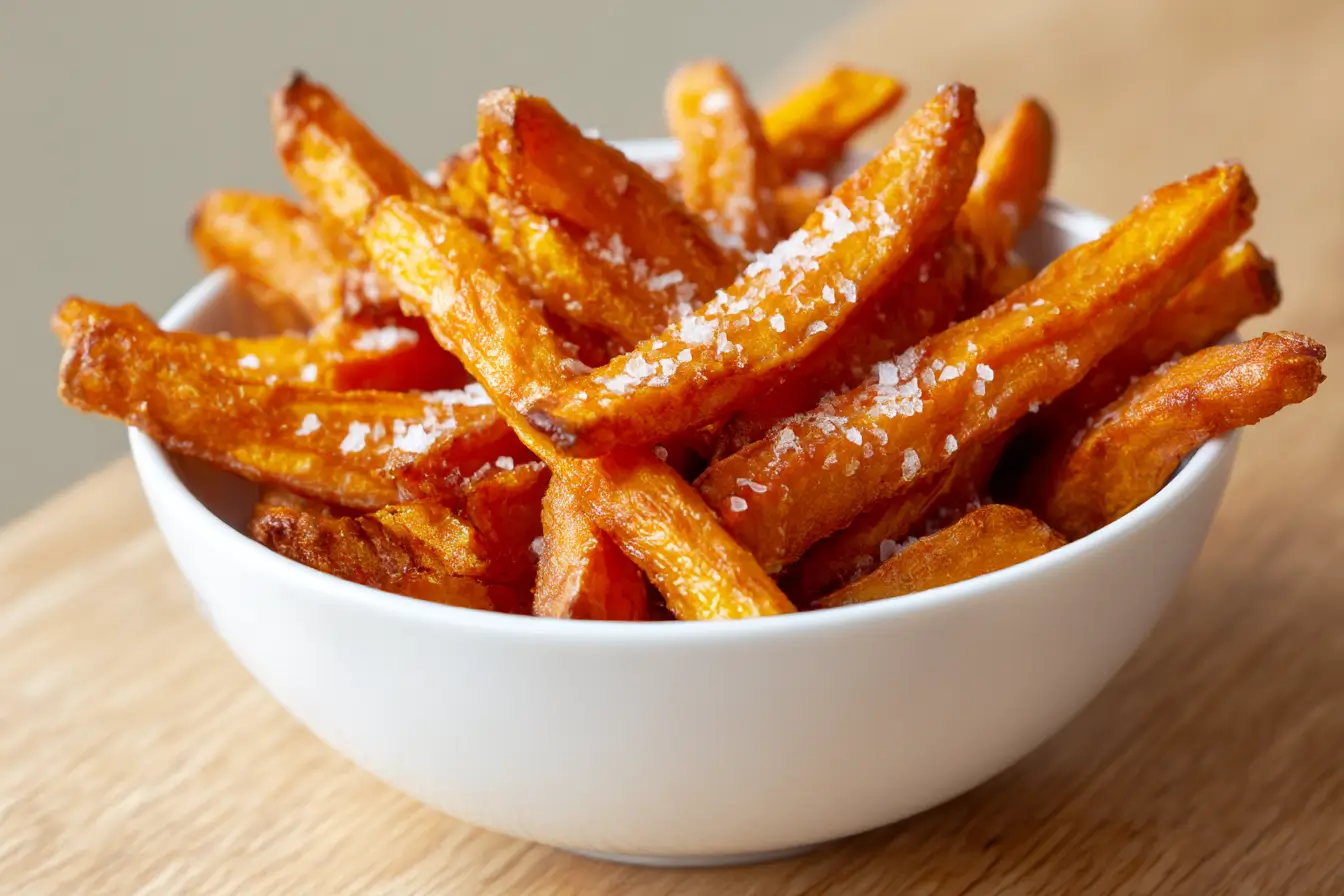 Leckere Süßkartoffelpommes im Airfryer, perfekt knusprig und gesund.