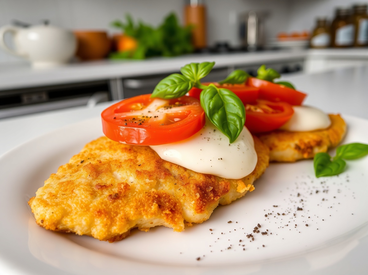 Saftiges Tomate-Mozzarella-Hähnchen, perfekt gegart im Airfryer für einen gesunden Genuss.