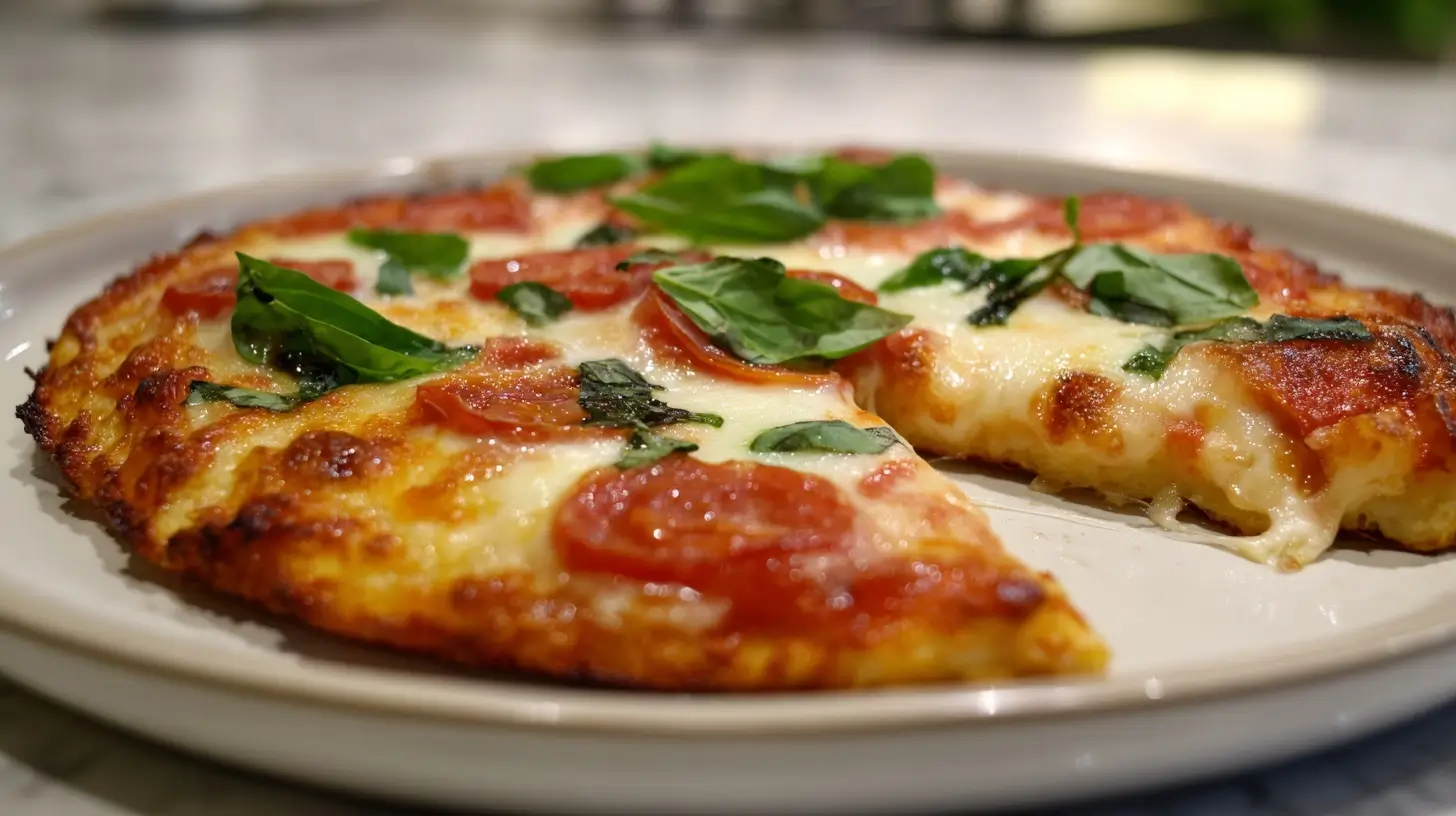 Leckere Blumenkohl Pizza im Airfryer, perfekt knusprig und gesund.