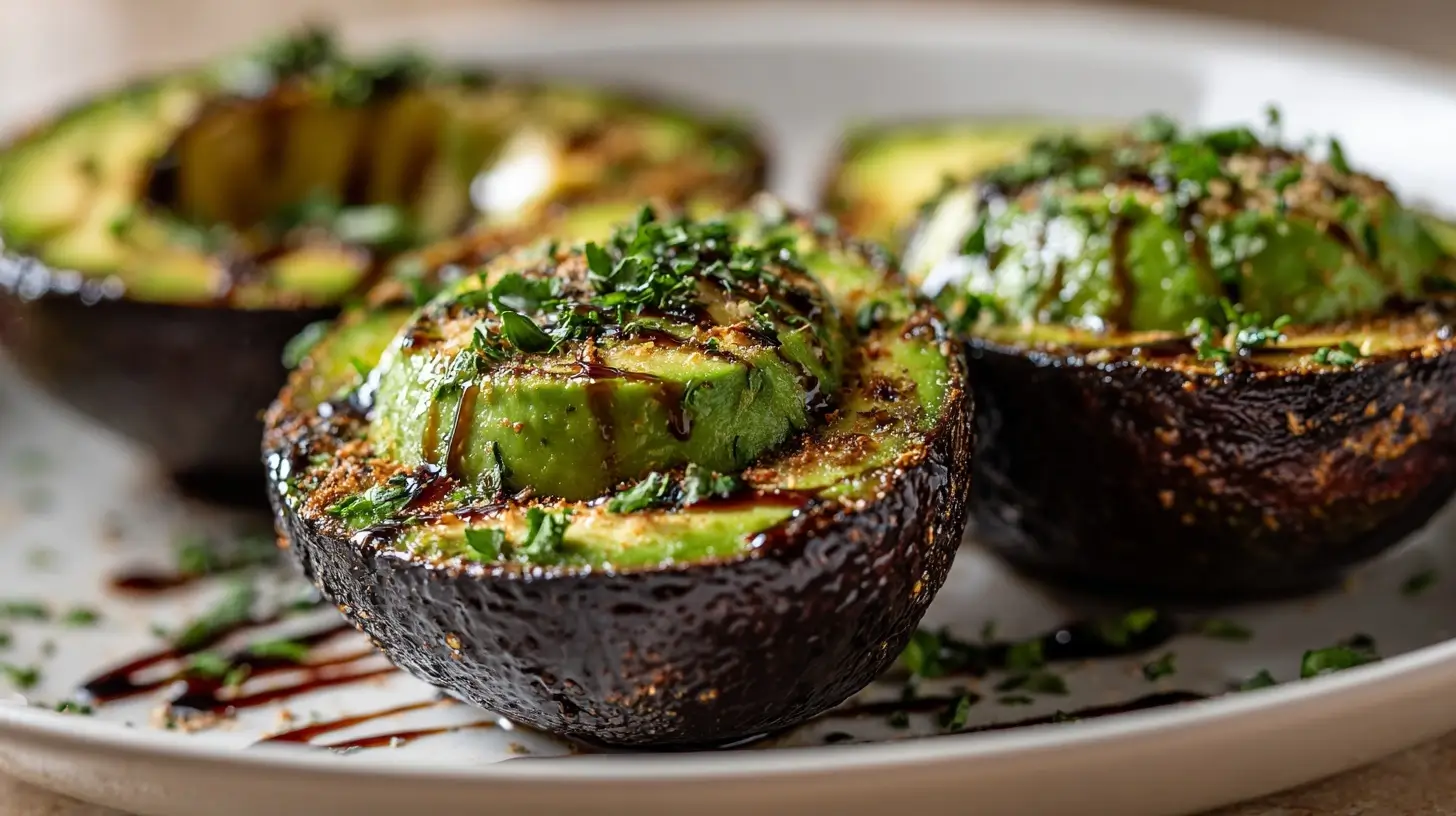 Leckere gebackene Avocado im Airfryer, perfekt für ein gesundes Snack-Erlebnis.