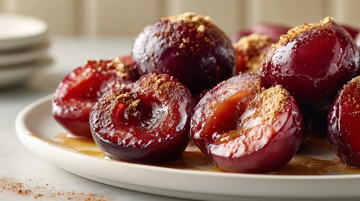 Leckere gebackene Pflaumen im Airfryer für ein fruchtiges Dessert.