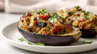 Leckere gefüllte Aubergine mit frischen Kräutern, perfekt zubereitet in der Heißluftfritteuse.