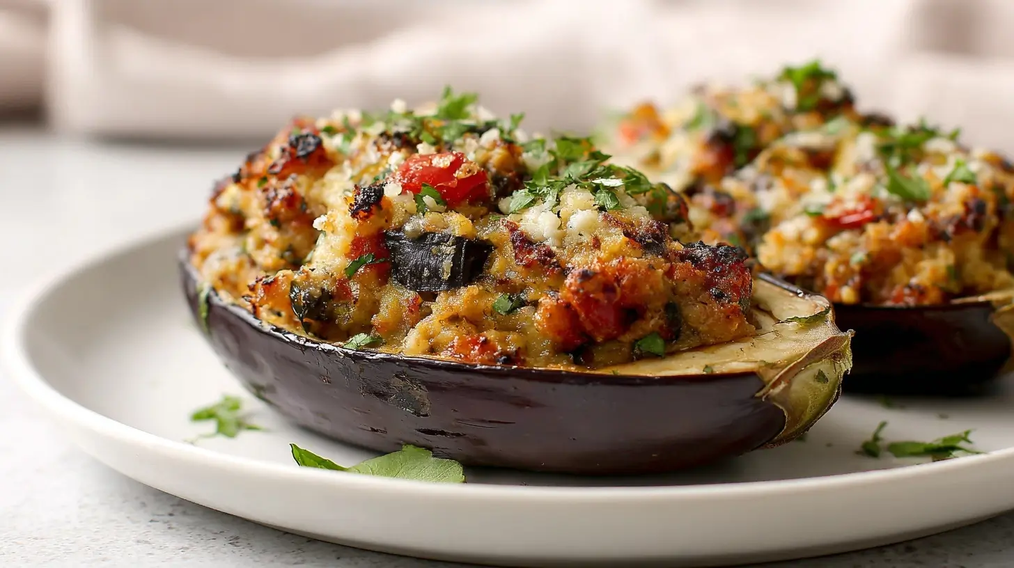 Leckere gefüllte Aubergine mit frischen Kräutern, perfekt zubereitet in der Heißluftfritteuse.