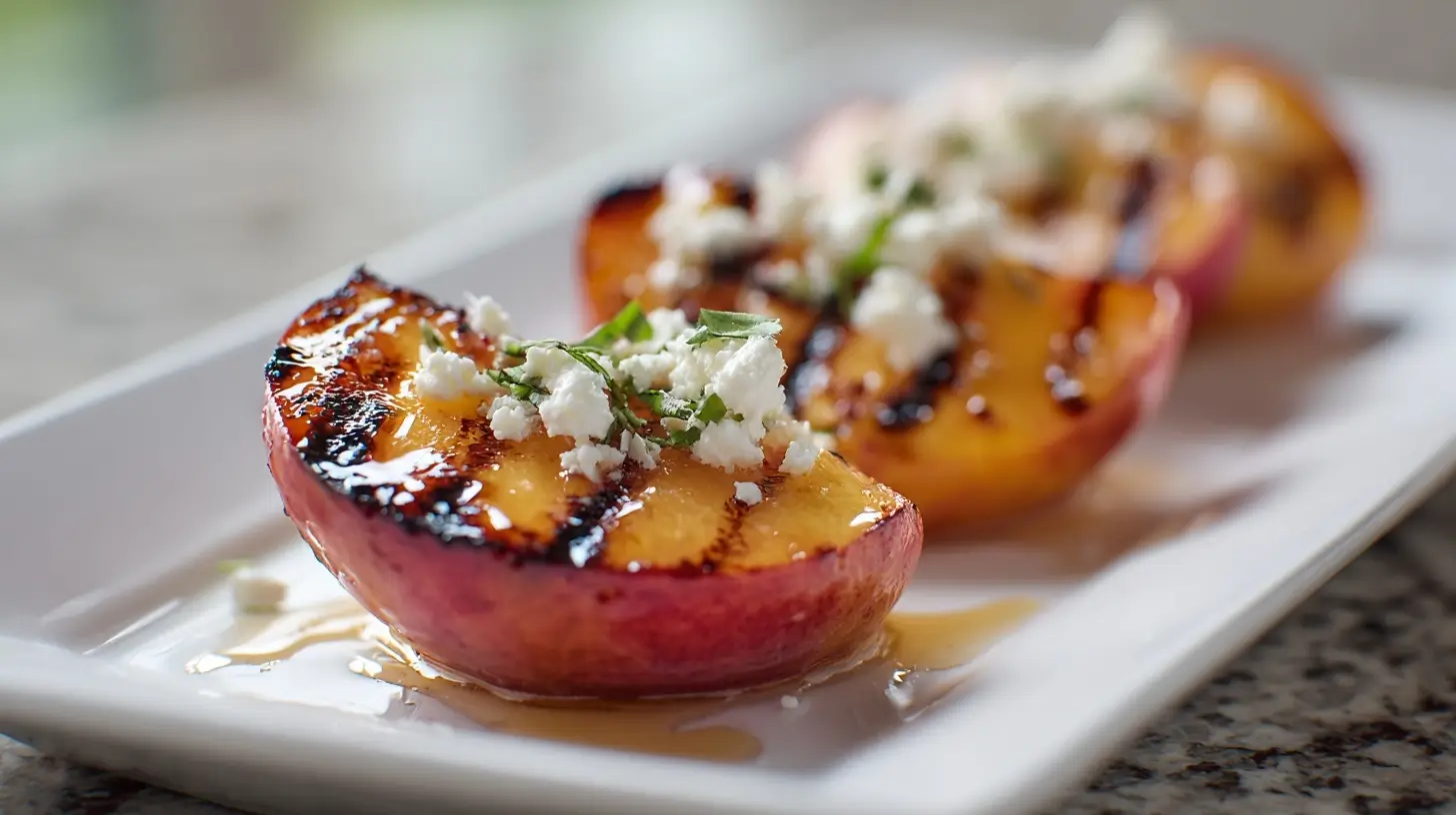 Gegrillte Pfirsichhälften mit Ziegenkäse, zart und perfekt im Airfryer zubereitet.