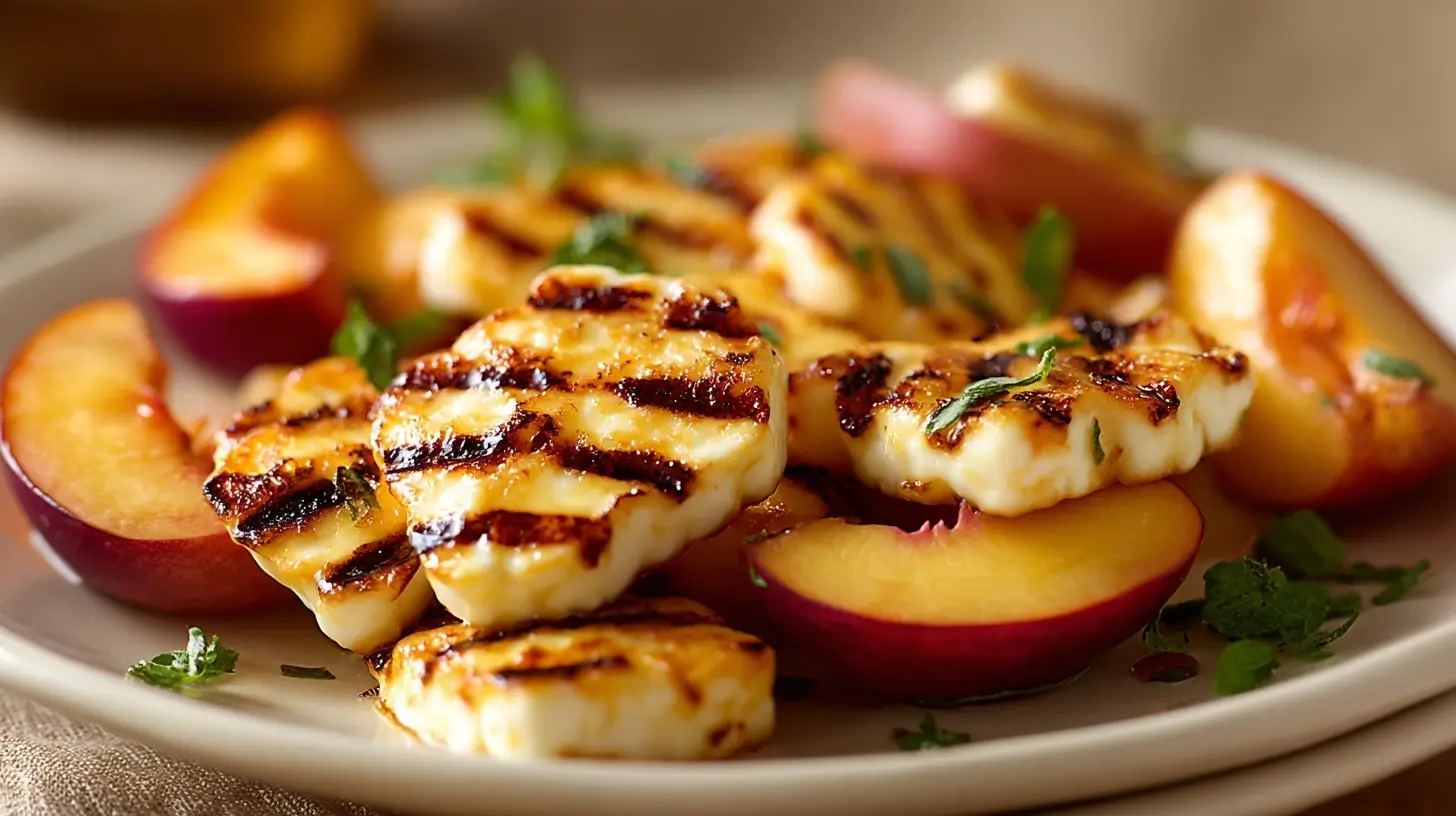 Genussvoll gegrillter Halloumi mit süßem Pfirsich, perfekt zubereitet im Airfryer.