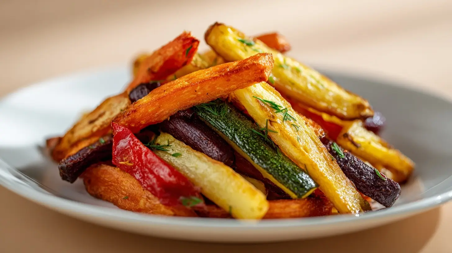 Knusprige Gemüse Pommes, perfekt zubereitet im Airfryer für einen gesunden Snack.
