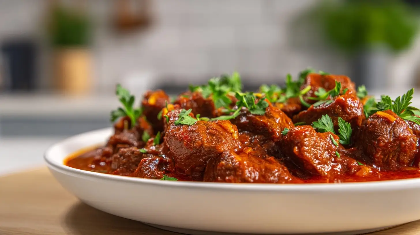 Herzhaftes Gulasch im Airfryer, perfekt zubereitet für einen schnellen Genuss.
