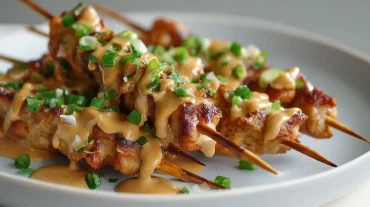 Leckere Hähnchen-Satay Spieße mit cremiger Erdnusssoße, perfekt zubereitet im Airfryer.