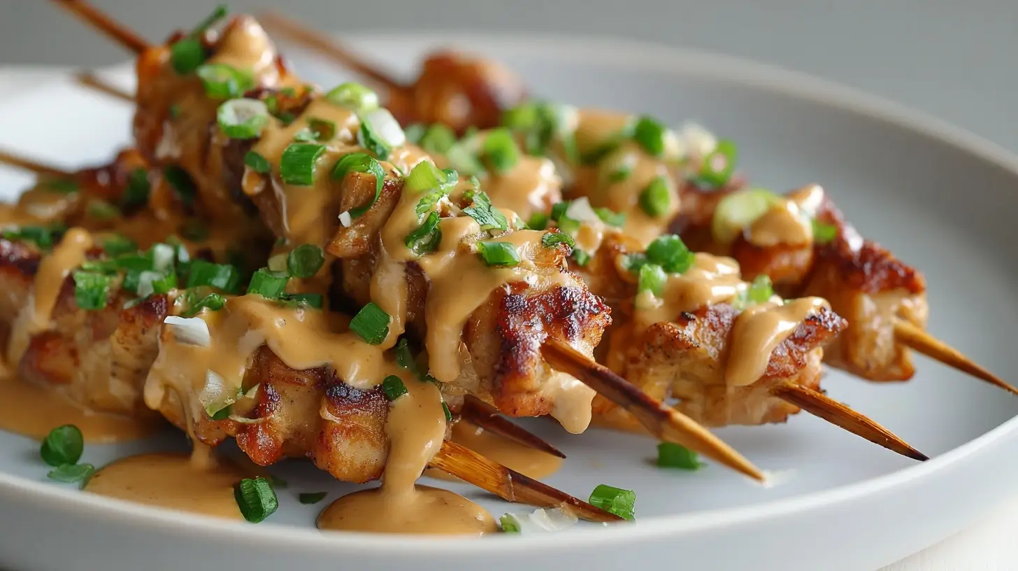 Leckere Hähnchen-Satay Spieße mit cremiger Erdnusssoße, perfekt zubereitet im Airfryer.