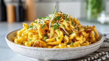 Leckere Käsespätzle im Airfryer, perfekt goldbraun und knusprig.