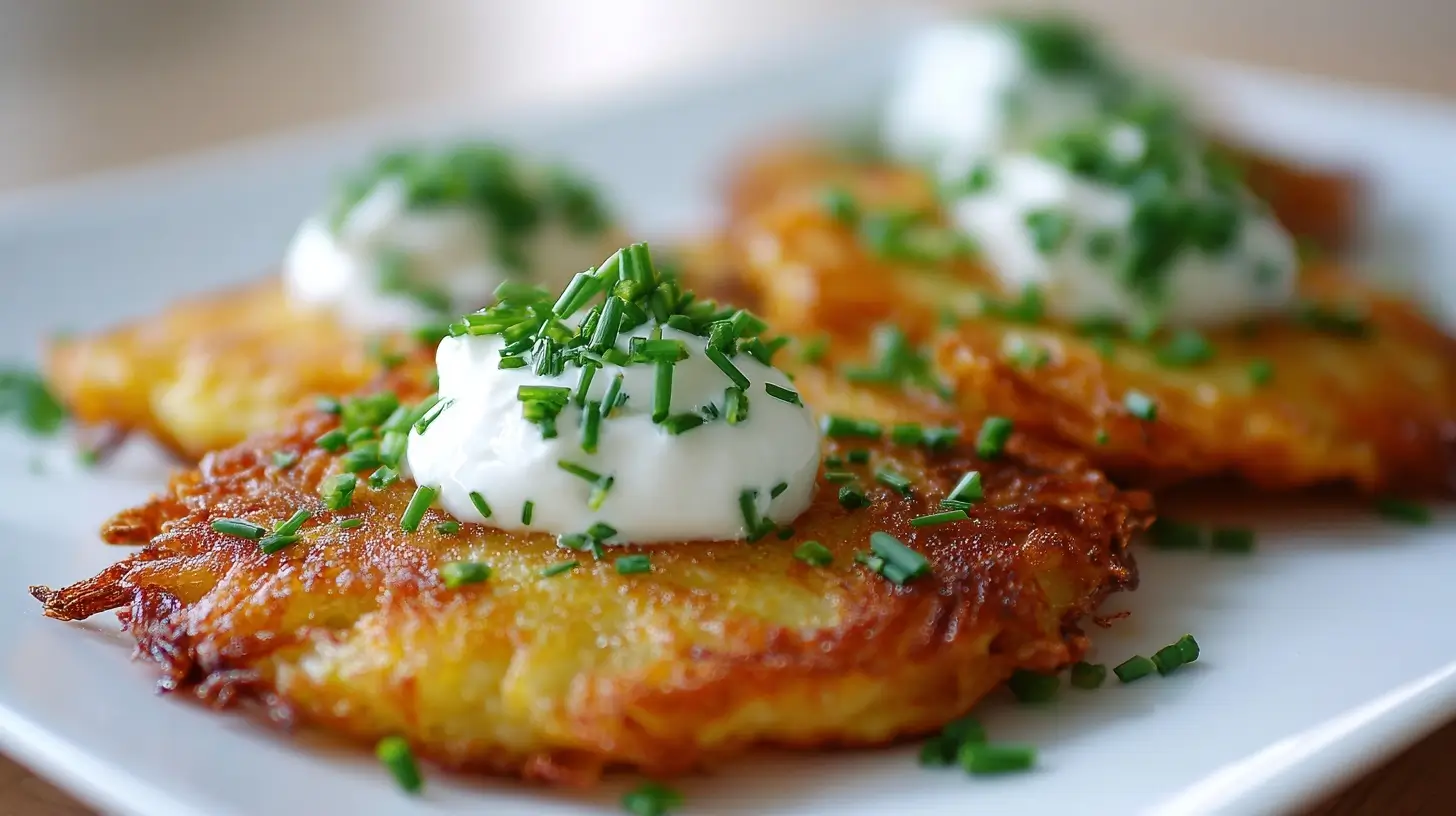 Köstliche goldbraune Kartoffelpuffer, knusprig zubereitet im Airfryer.
