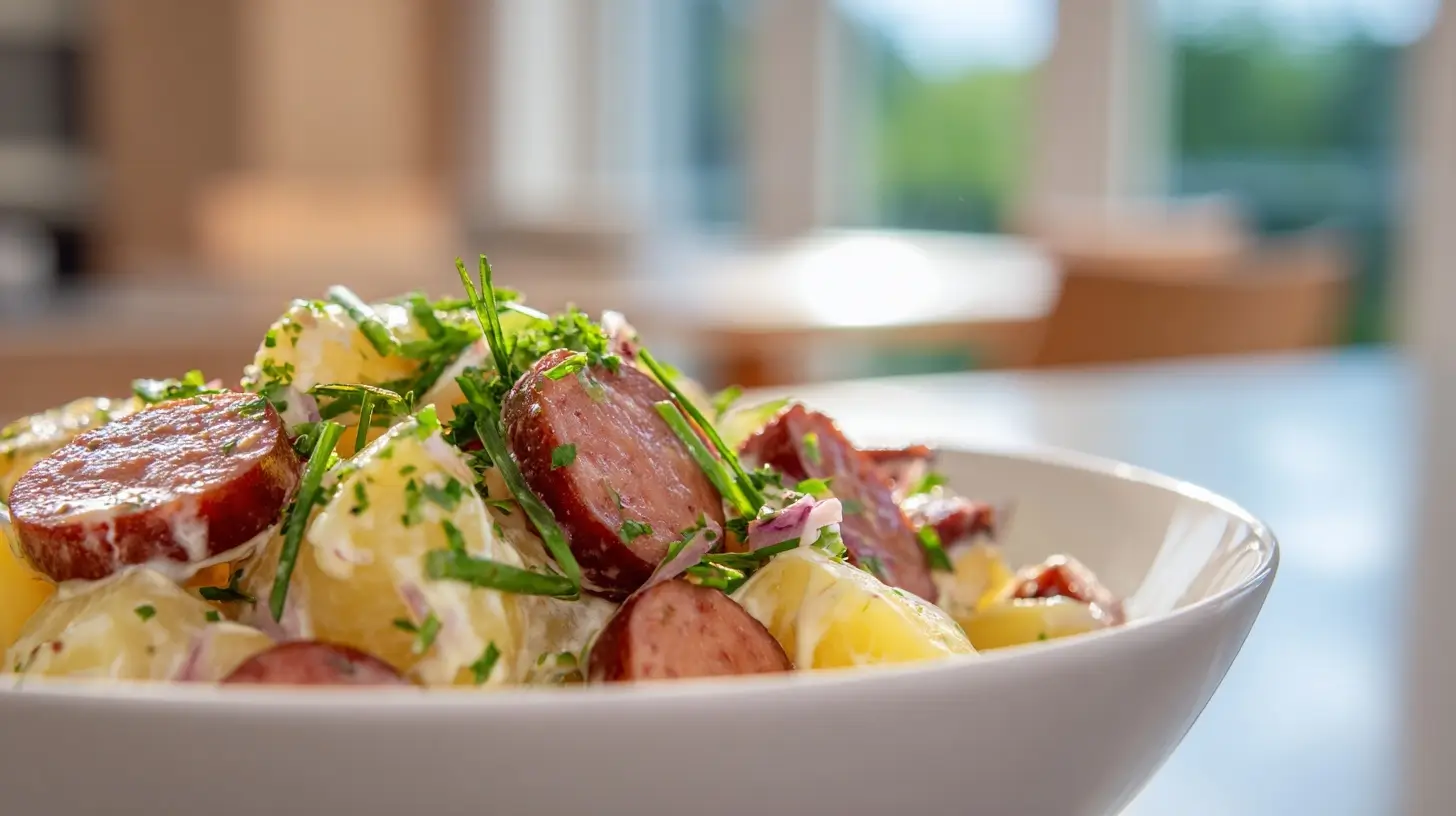 Leckerer Kartoffelsalat mit Würstchen, zubereitet im Airfryer für ein schnelles Gericht.