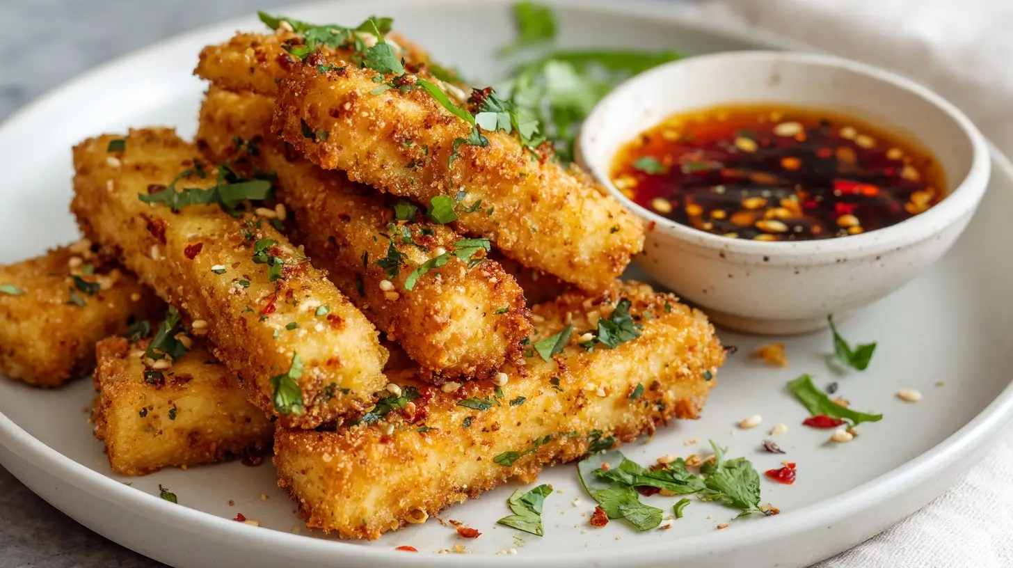 Knusprige Tofu-Sticks, perfekt zubereitet im Airfryer für eine gesunde Snack-Option.