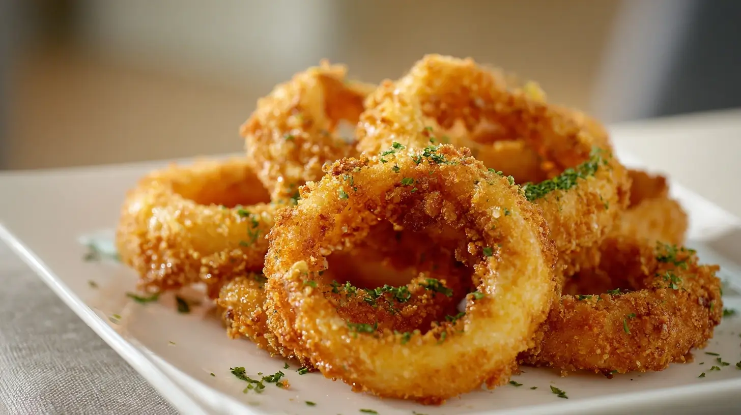 Krosse Zwiebelringe, perfekt zubereitet im Airfryer für einen besonders leckeren Snack.