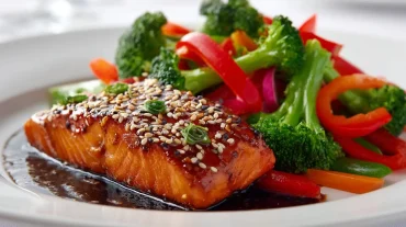 Leckeres Lachs-Teriyaki mit buntem Gemüse zubereitet im Airfryer.
